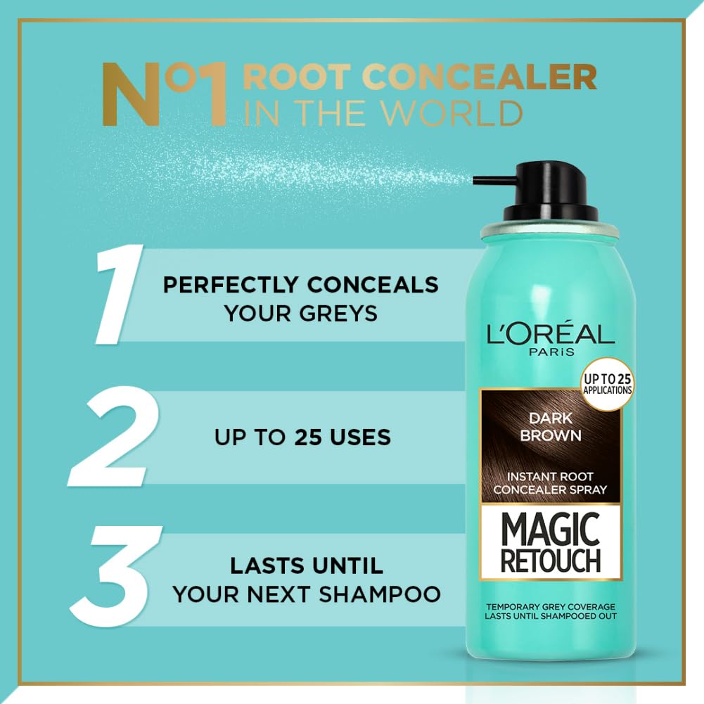 Picture of L'Oreal Paris Instant Root Concealer Spray, Ideal for Touching Up Grey Root Regrowth, Magic Retouch, 2 Dark Brown, 75ml