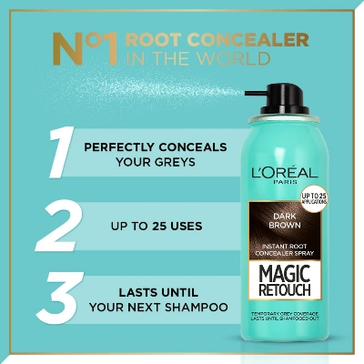 Picture of L'Oreal Paris Instant Root Concealer Spray, Ideal for Touching Up Grey Root Regrowth, Magic Retouch, 2 Dark Brown, 75ml