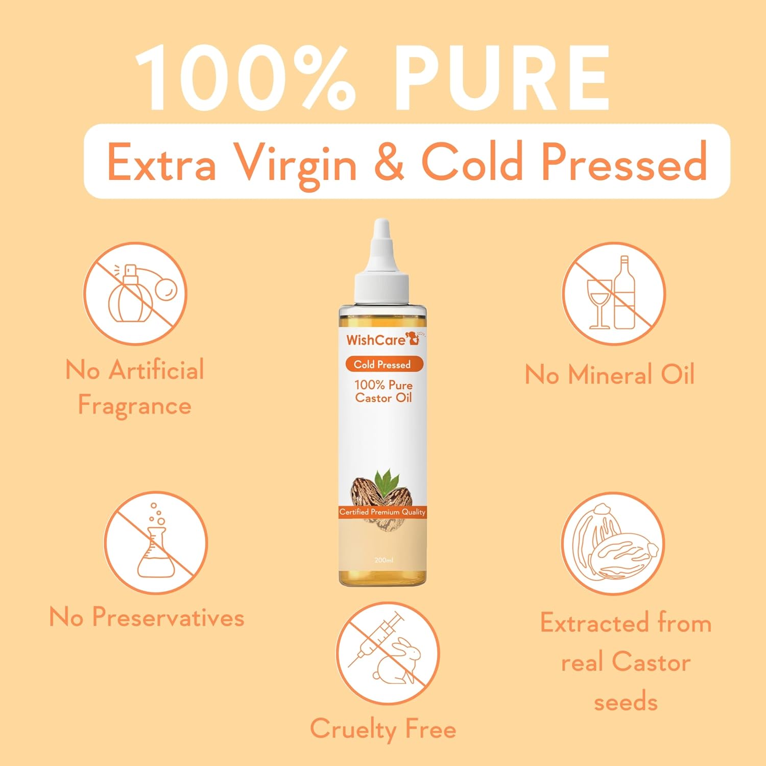 Picture of WishCare® Premium Cold Pressed Castor Oil - Pure & Virgin Grade - For Healthy Hair and Skin - 200 Ml