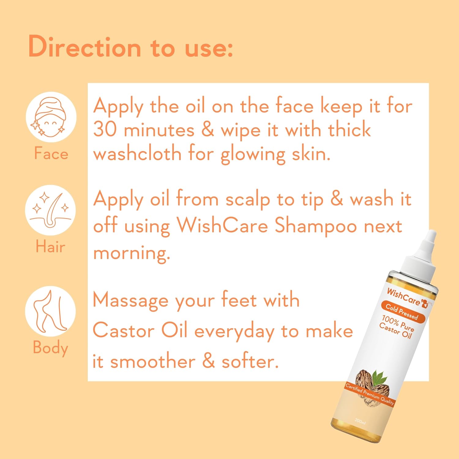 Picture of WishCare® Premium Cold Pressed Castor Oil - Pure & Virgin Grade - For Healthy Hair and Skin - 200 Ml