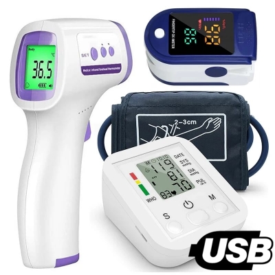 Picture of digital blood pressure machine, infrared thermometer, pulse oximeter combo pack