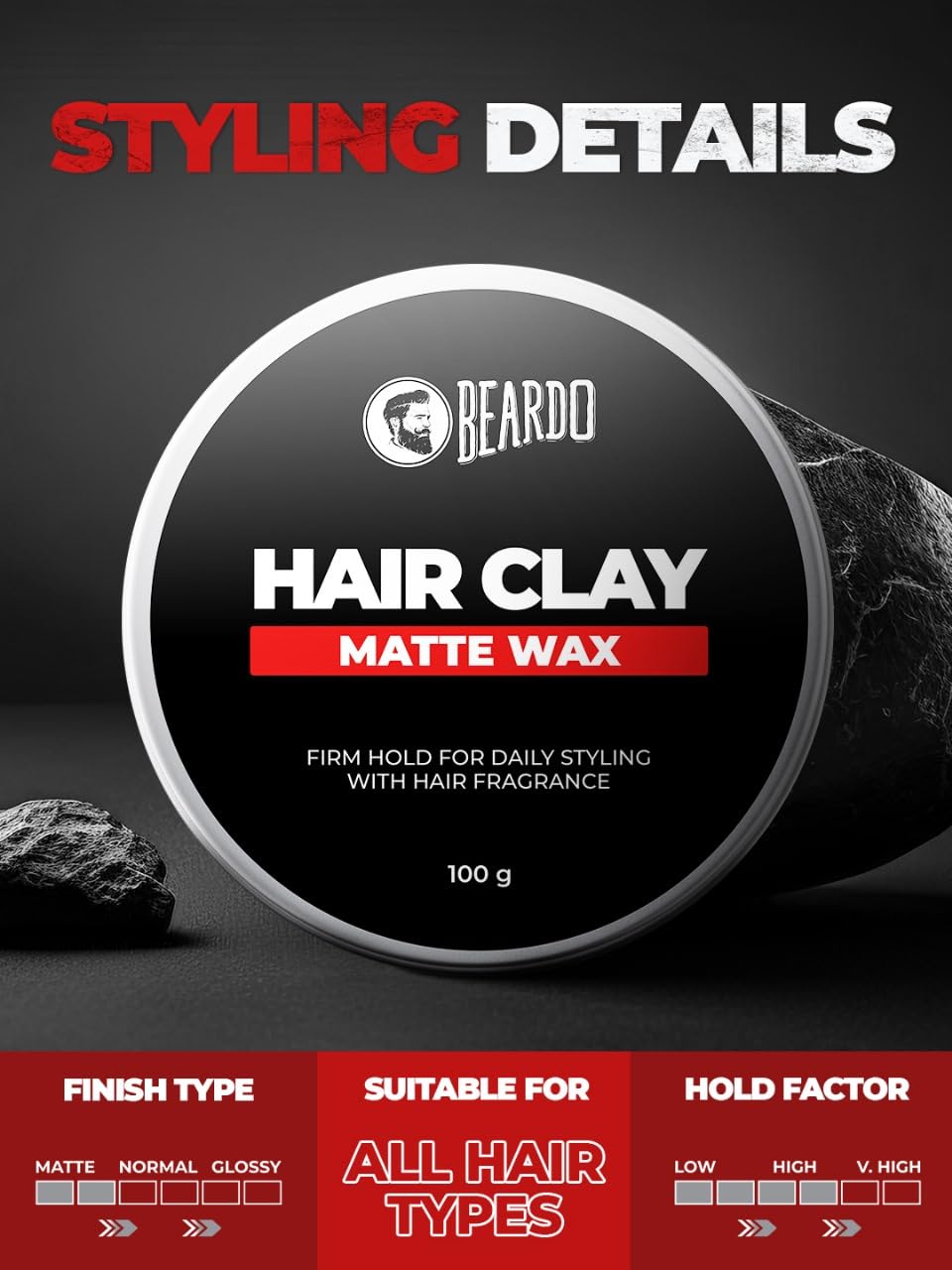 Picture of Beardo Hair Clay Matte  Wax for Men, 100 gm | Hair Clay for men | Styling Wax | Volumizing | Strong Hold | Restylable |Matte Finish | Easy to Wash Off | Texture Clay for Men