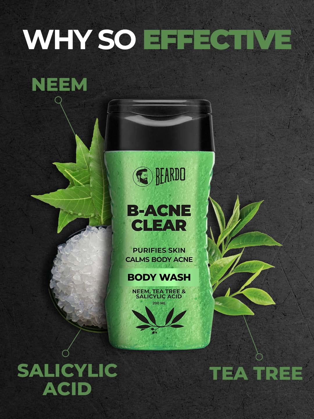 Picture of Beardo Body Acne Clear Body Wash for Men 200 ml | With Neem, Tea Tree and Salicylic Acid | Clean Clear Skin | For Body Acne and Skin Purification | B-acne