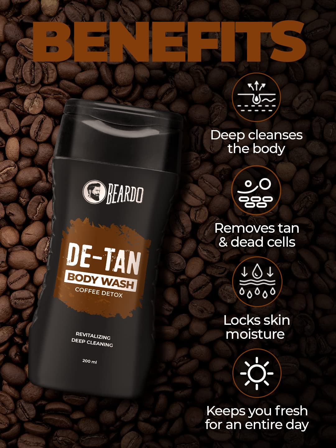 Picture of Beardo De-Tan Body Wash for Men, 200ml | Tan Removal and Caffeine Body Wash | Detan With Coffee & Aloe Extracts | For Body & Face | Refreshing Fragrance