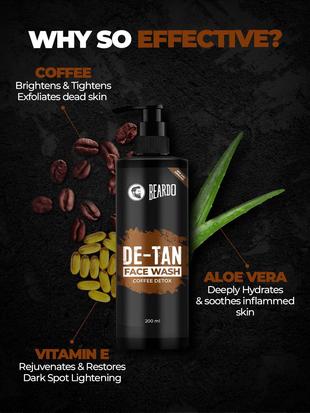 Picture of BEARDO DeTan Face Wash for Men, 200ml | Coffee Facewash, Aloe Vera, Vitamin E | Helps to Reduce Tan | Exfoliates & Hydrates for Smooth & Oil Free Skin Visit the BEARDO Store