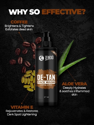 Picture of BEARDO DeTan Face Wash for Men, 200ml | Coffee Facewash, Aloe Vera, Vitamin E | Helps to Reduce Tan | Exfoliates & Hydrates for Smooth & Oil Free Skin Visit the BEARDO Store