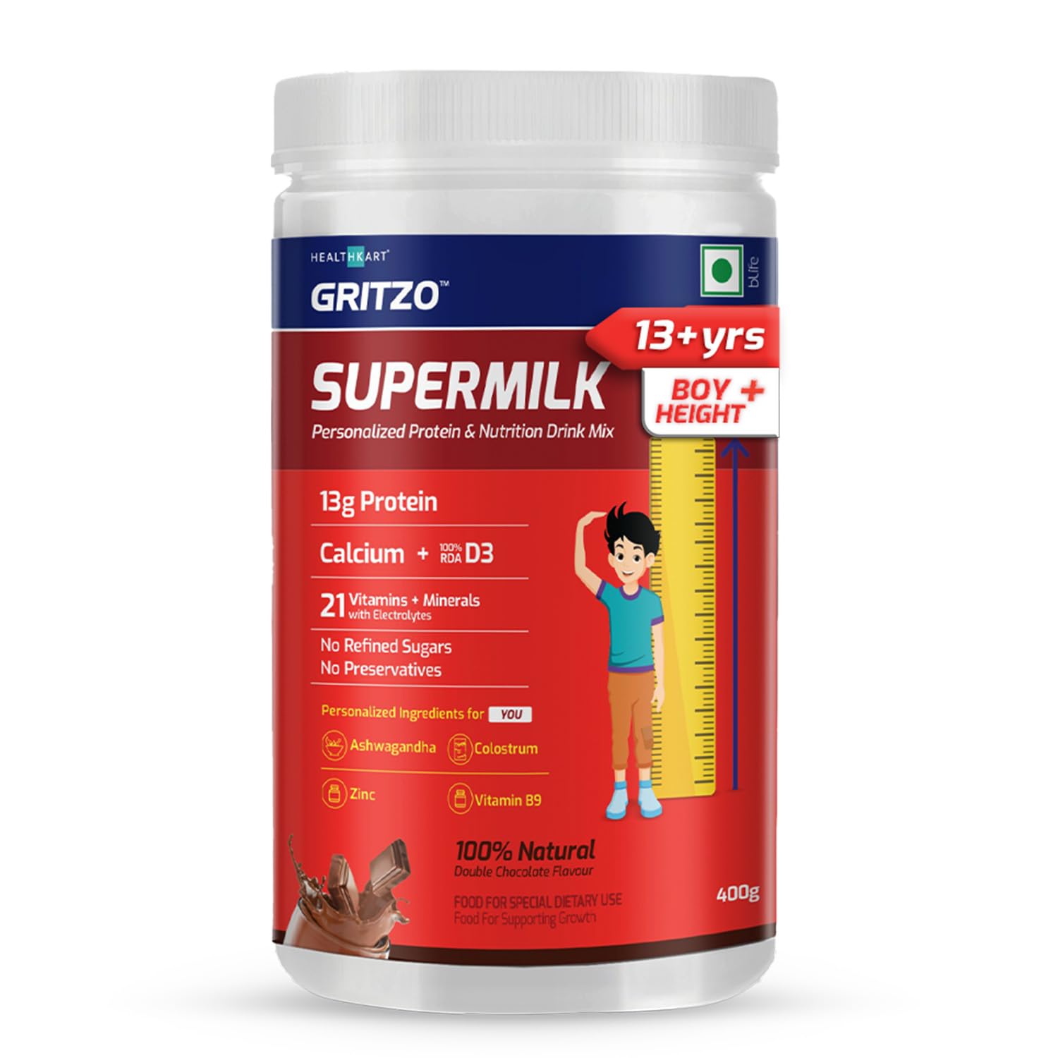 Picture of Gritzo SuperMilk Height+ (13+ Boys), 13g Protein (Double Chocolate, 400g) | Zero Refined Sugar, 21 Vitamins & Minerals
