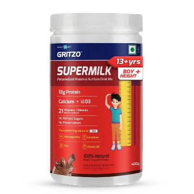 Picture of Gritzo SuperMilk Height+ (13+ Boys), 13g Protein (Double Chocolate, 400g) | Zero Refined Sugar, 21 Vitamins & Minerals