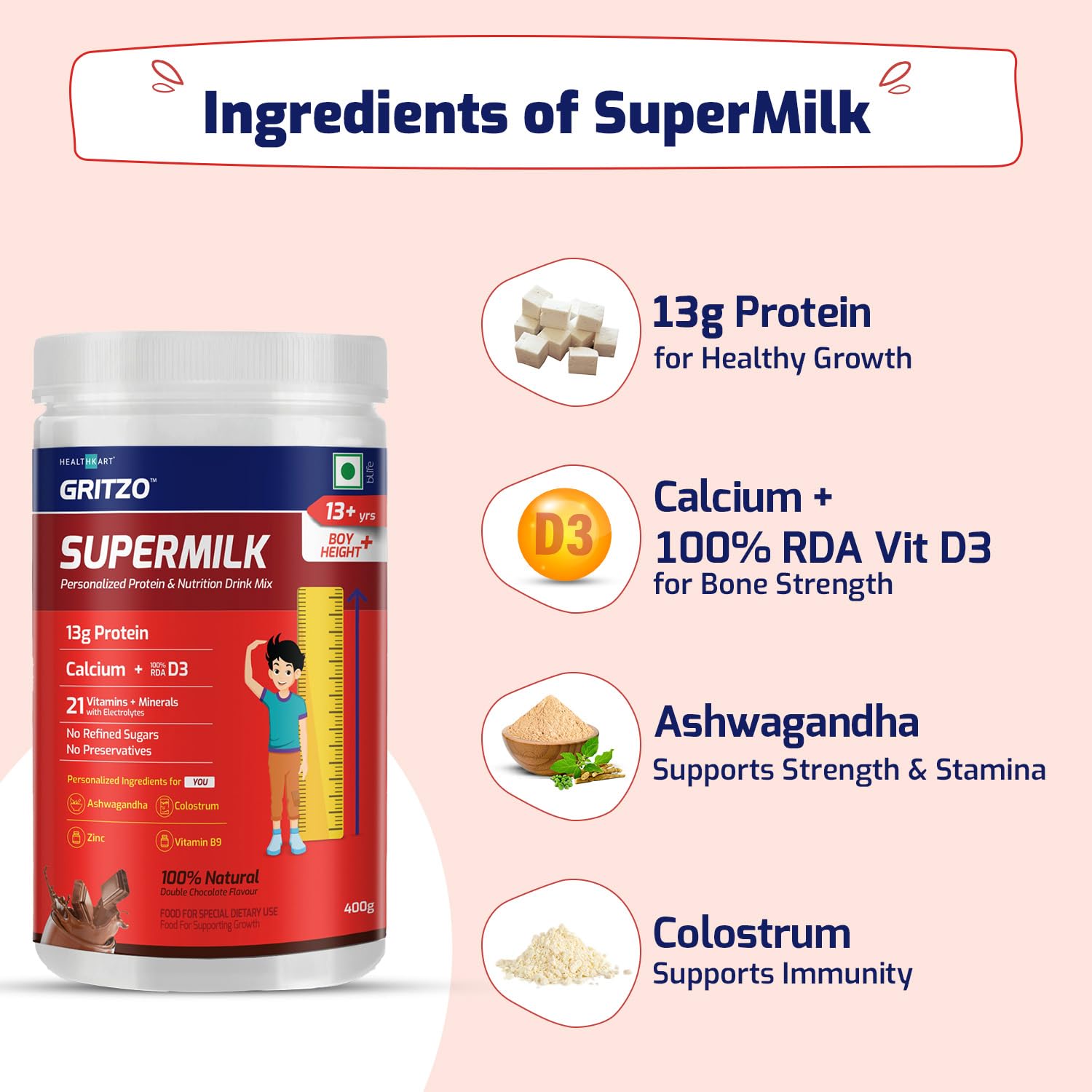 Picture of Gritzo SuperMilk Height+ (13+ Boys), 13g Protein (Double Chocolate, 400g) | Zero Refined Sugar, 21 Vitamins & Minerals