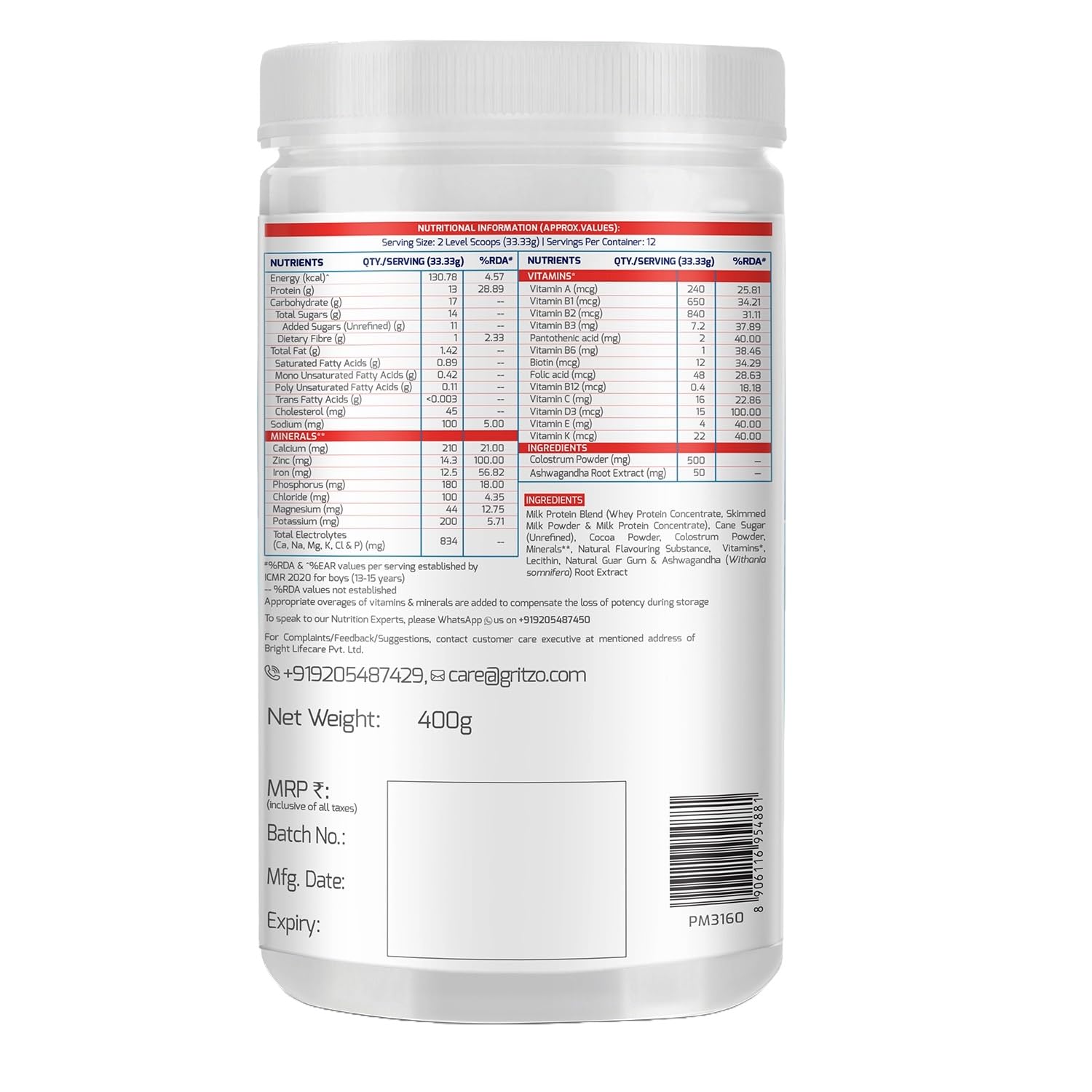 Picture of Gritzo SuperMilk Height+ (13+ Boys), 13g Protein (Double Chocolate, 400g) | Zero Refined Sugar, 21 Vitamins & Minerals