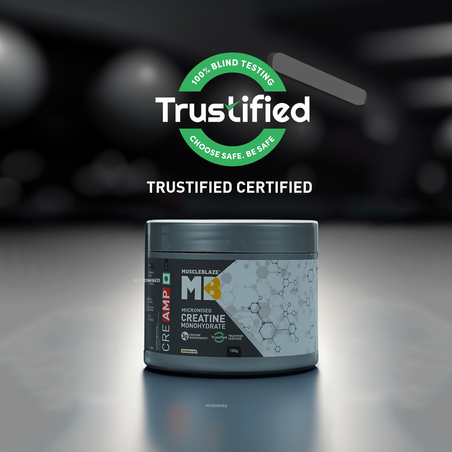 Picture of MuscleBlaze Creatine Monohydrate CreAMP™ (Unflavoured, 32 Servings, 100g / 0.22lbs) | Trustified Certified Creatine