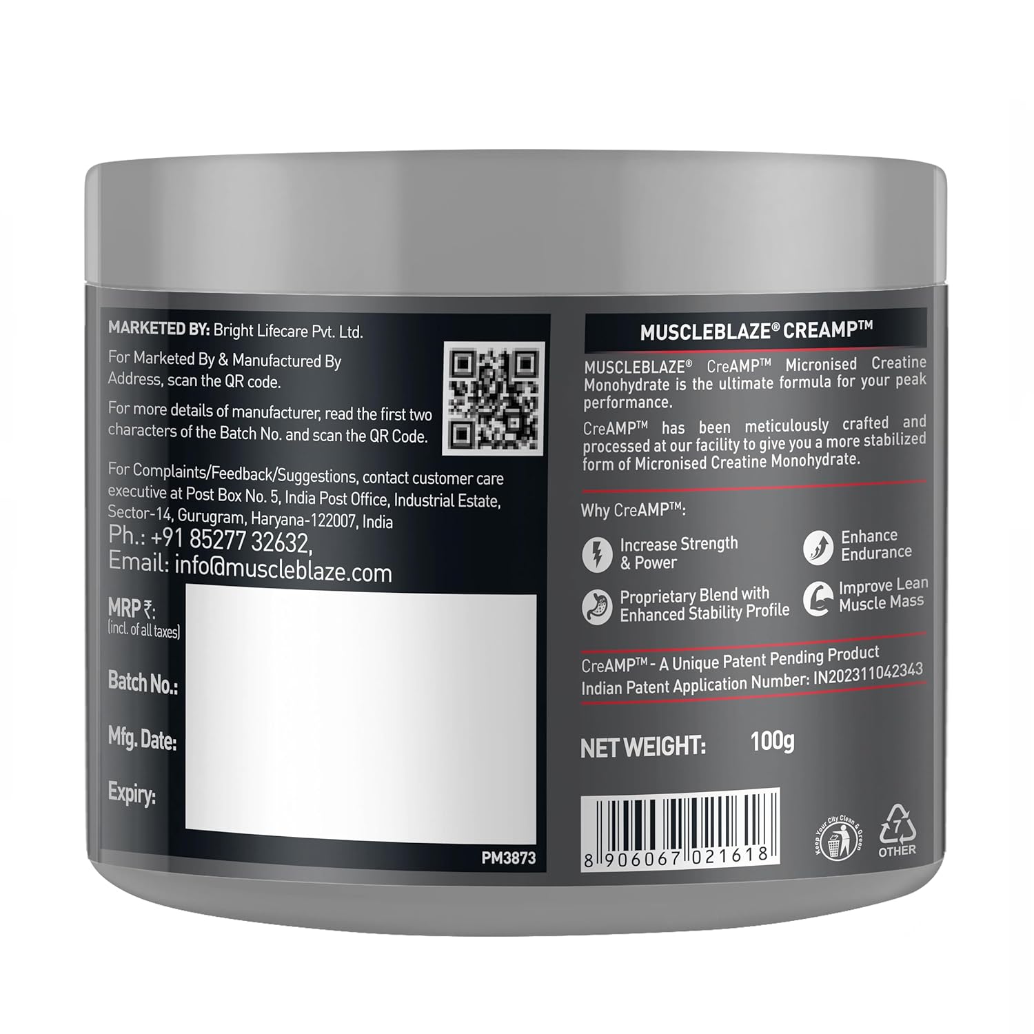 Picture of MuscleBlaze Creatine Monohydrate CreAMP™ (Unflavoured, 32 Servings, 100g / 0.22lbs) | Trustified Certified Creatine