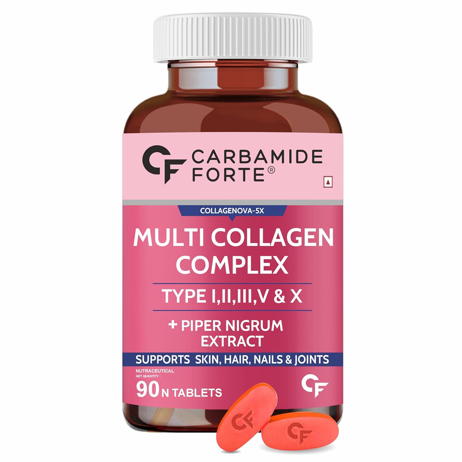 Picture of Carbamide Forte Hydrolyzed Multi Collagen Tablets | 5 Types I, II, III, V & X Collagen Powder for Joint Support & Glowing Skin | Collagen Supplements for Men & Women - 90 Tablets