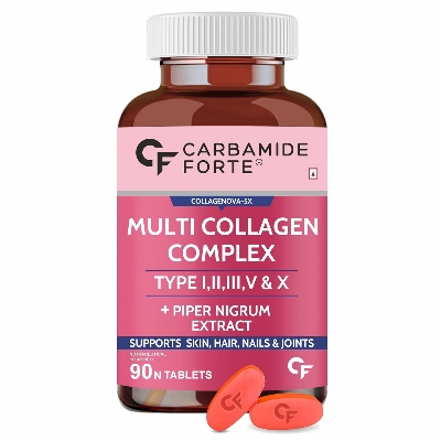 Picture of Carbamide Forte Hydrolyzed Multi Collagen Tablets | 5 Types I, II, III, V & X Collagen Powder for Joint Support & Glowing Skin | Collagen Supplements for Men & Women - 90 Tablets