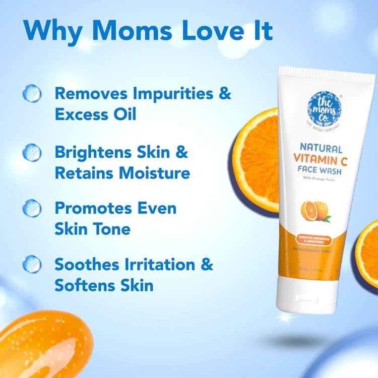 Picture of The Moms Co Natural Simple Vitamin C Face Wash for Women & Men | Clean & Glowing Skin I Oil Free Look I Orange Beads & Chemical Free I 80 ml