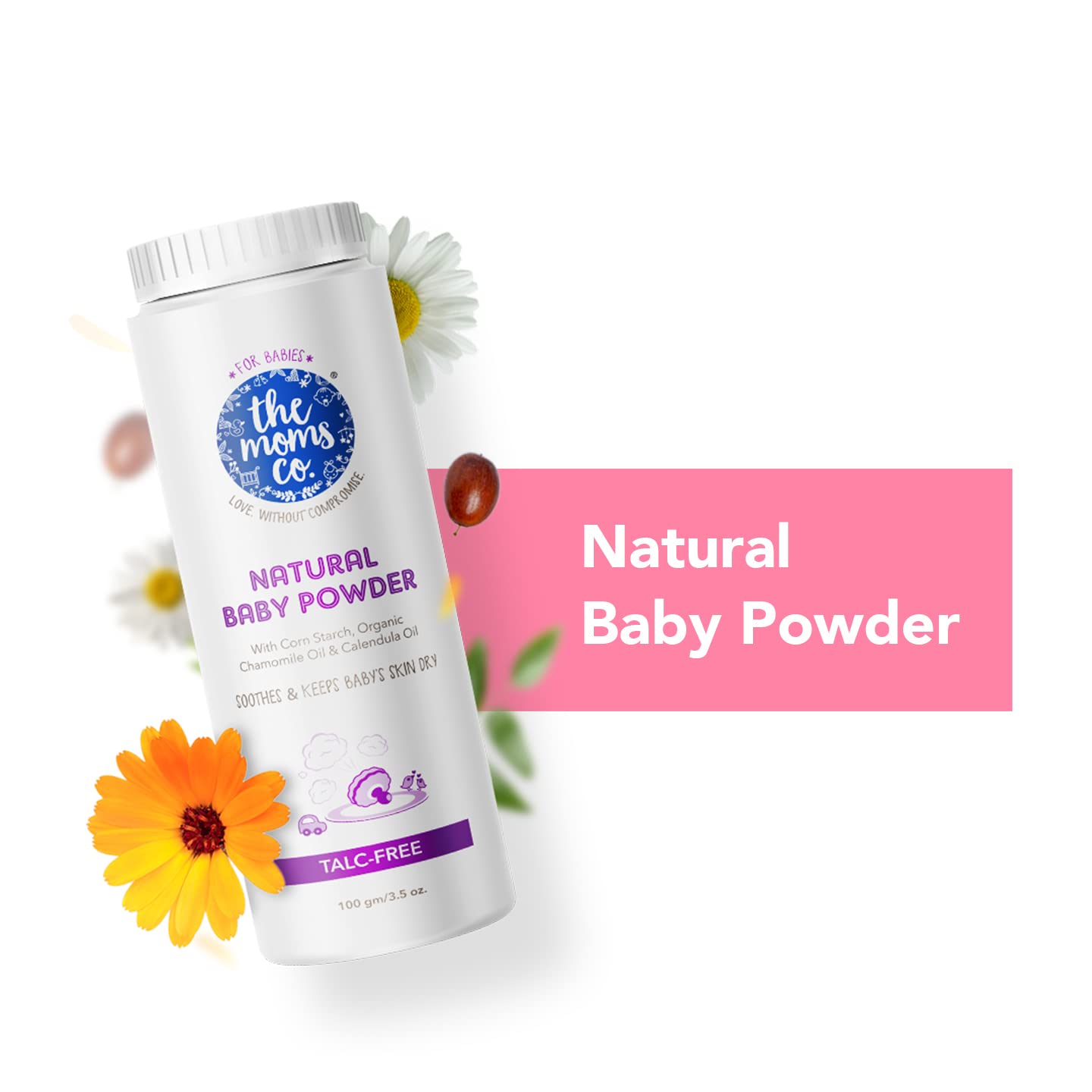 Picture of The Moms Co. Talc-Free Natural Baby Powder with Corn Starch | 100% Natural | Australia-Certified Toxin-Free | with Chamomile Oil, Calendula Oil and Organic Jojoba Oil - Pack of 100g