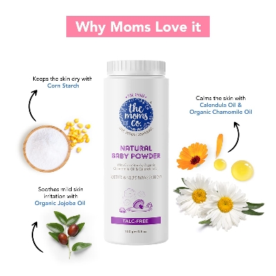 Picture of The Moms Co. Talc-Free Natural Baby Powder with Corn Starch | 100% Natural | Australia-Certified Toxin-Free | with Chamomile Oil, Calendula Oil and Organic Jojoba Oil - Pack of 100g