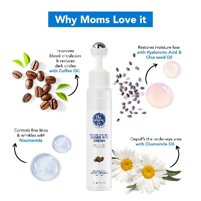 Picture of The Moms Co. Natural Vita Rich Under Eye Cream for Dark Circles for Women & Men enriched with Chia Seed Oil, Coffee Oil, Vitamines E & B3 with Cooling Massage Roller to Reduce Dark Circles, Puffiness and Fine Lines (15g/0.5 oz)