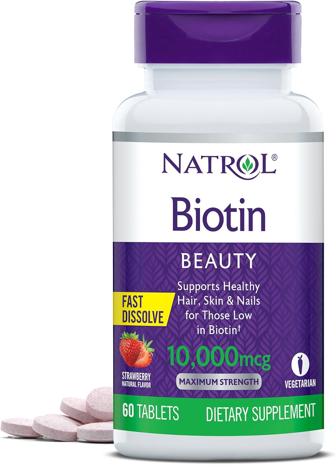 Picture of Natrol Beauty Biotin 10000mcg, Dietary Supplement for Healthy Hair, Skin, Nails and Energy Metabolism, 60 Strawberry-Flavored Fast Dissolve Tablets, 60 Day Supply