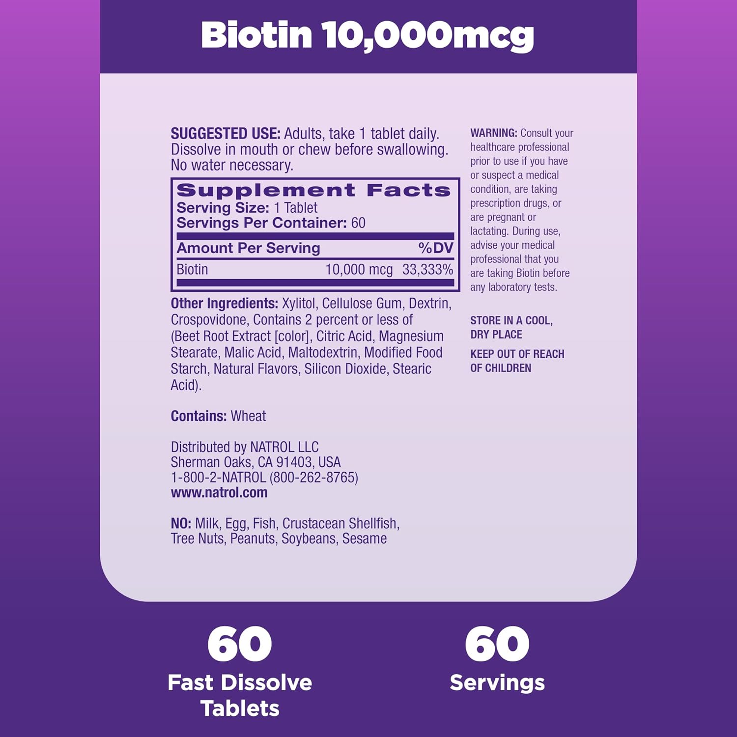 Picture of Natrol Beauty Biotin 10000mcg, Dietary Supplement for Healthy Hair, Skin, Nails and Energy Metabolism, 60 Strawberry-Flavored Fast Dissolve Tablets, 60 Day Supply