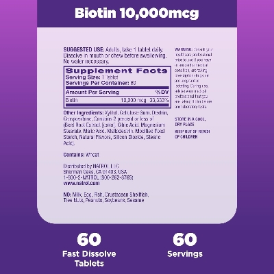 Picture of Natrol Beauty Biotin 10000mcg, Dietary Supplement for Healthy Hair, Skin, Nails and Energy Metabolism, 60 Strawberry-Flavored Fast Dissolve Tablets, 60 Day Supply