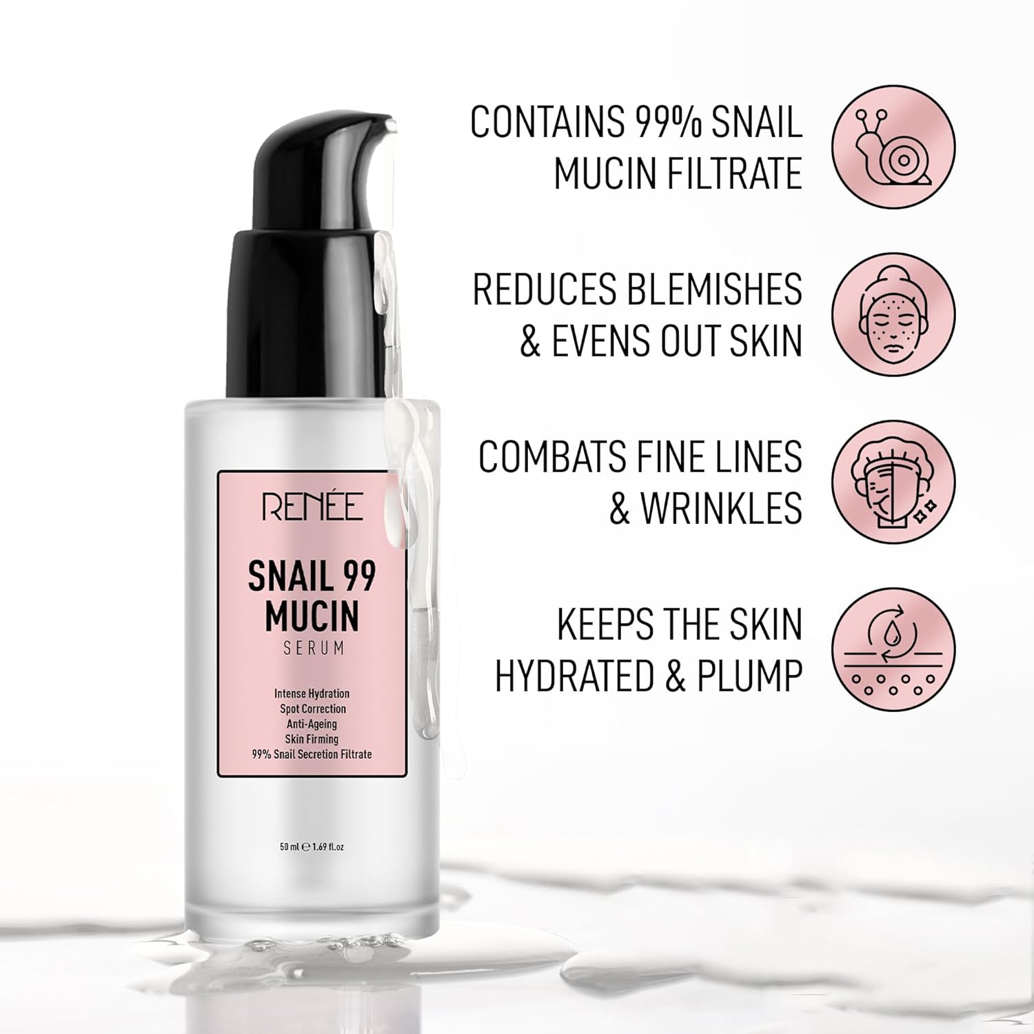 Picture of RENEE Snail 99 Mucin Serum for Face - Contains 99% Snail Secretion Filtrate & Hyaluronic Acid - Intense Hydration, Blemishes, Wrinkles & Spot Correction, Anti Ageing, Skin Firming - All Skin Types