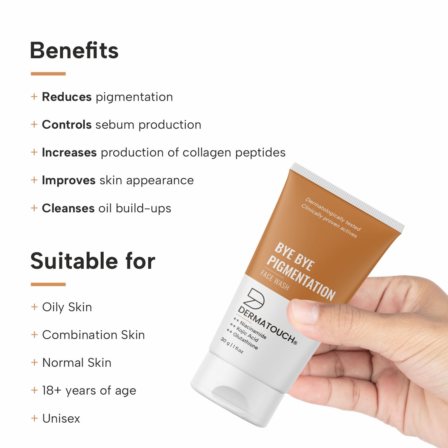 Picture of DERMATOUCH Bye Bye Pigmentation Face Wash || Anti Pigmentation Face Wash for Women/Men with Niacinamide, Kojic Acid, & Glutathione -30G