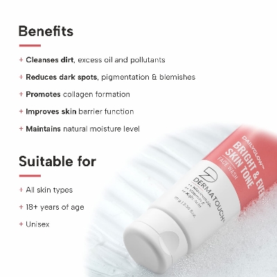 Picture of DERMATOUCH Bright & Even Tone Face Wash with Niacinamide, Vitamin E and Kojic Acid | Daily Gentle Face Cleanser For Tan, Pigmentation, Uneven Tone, Dark Spot Removal - 70G