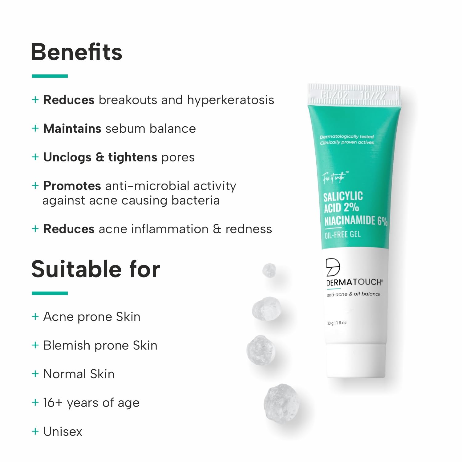 Picture of Dermatouch Salicylic Acid 2% Niacinamide 6% Anti-Acne Oil-Free Gel For Active Acne, Oil Balancing, Pore Tightening - 30G