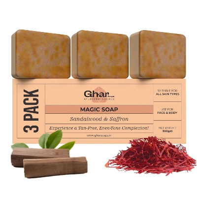 Picture of Ghar Soaps Sandalwood & Saffron Magic Soaps For Bath (300 Gms Pack Of 3) | Paraben Free | Chandan & Kesar Bath Soap | Handmade Soaps For Glowing | Skin Whitening Soap For Men & Women