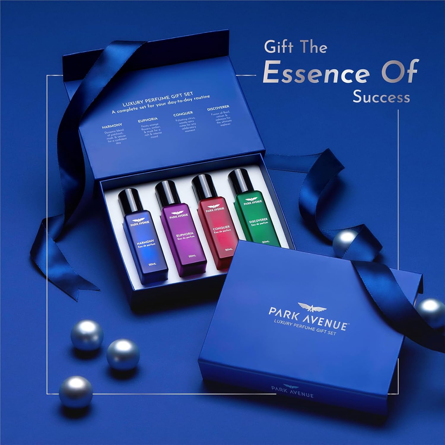 Picture of Park Avenue Luxury Perfume Gift Set for Men, 4x20 ml | Euphoria, Conquer, Harmony & Discoverer Perfume | Eau De Parfum | Premium Luxury Perfume for Corporate Man | Long lasting Fragrance | Gift for Men | Diwali Gift Hampers | Ideal Birthday, Anniversary G