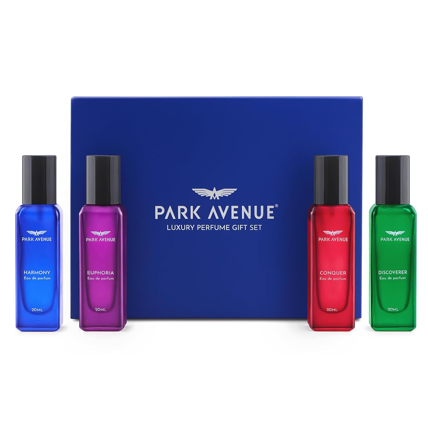 Picture of Park Avenue Luxury Perfume Gift Set for Men, 4x20 ml | Euphoria, Conquer, Harmony & Discoverer Perfume | Eau De Parfum | Premium Luxury Perfume for Corporate Man | Long lasting Fragrance | Gift for Men | Diwali Gift Hampers | Ideal Birthday, Anniversary G