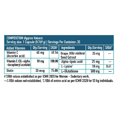 Picture of HealthKart HK Vitals Glutathione with Vitamin C & E, Biotin, Grape Seed Extract & Alpha Lipoic Acid, Antioxidant Support, for Skin Glow and Hydration, 30 Veg Capsules