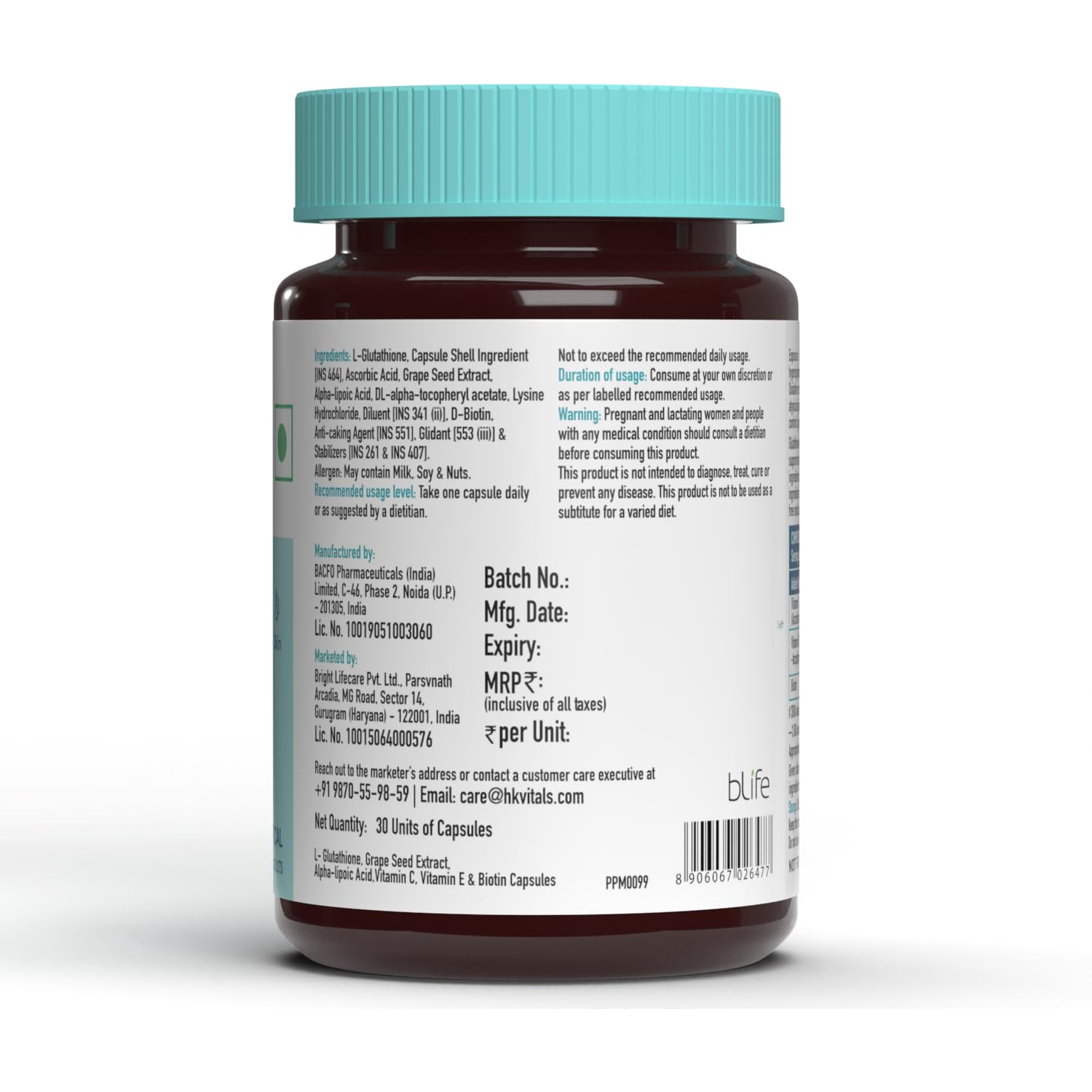 Picture of HealthKart HK Vitals Glutathione with Vitamin C & E, Biotin, Grape Seed Extract & Alpha Lipoic Acid, Antioxidant Support, for Skin Glow and Hydration, 30 Veg Capsules