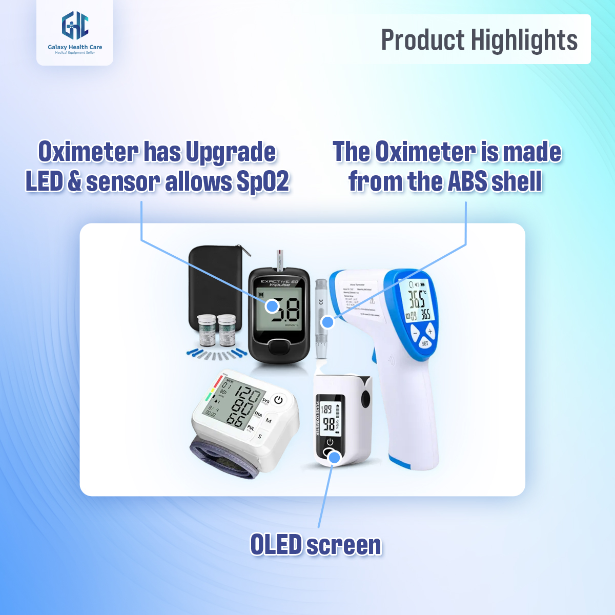 Picture of Oximetar and Thermometer and Blood Glucose Meters and Blood Pressure Monitor 4 in1 Health care Kits Home Office