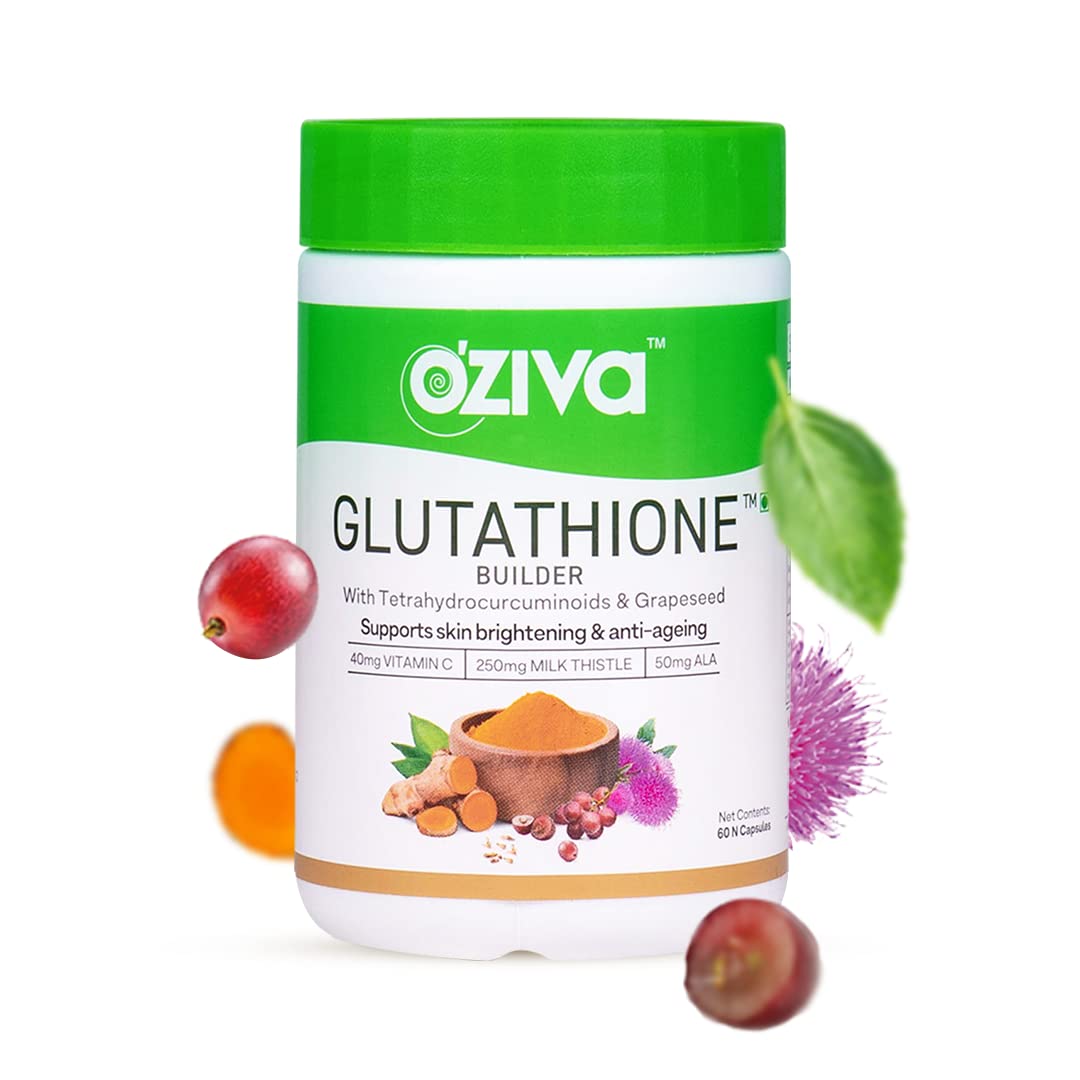 Picture of OZiva Plant Based Glutathione Builder | Glutathione Tablets for Skin Glow & Anti-Ageing | Sugar free, Antioxidant Glutathione supplements with Grapeseed, Vitamins C & E, Selenium, 60 Veg Capsules