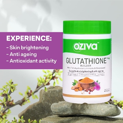 Picture of OZiva Plant Based Glutathione Builder | Glutathione Tablets for Skin Glow & Anti-Ageing | Sugar free, Antioxidant Glutathione supplements with Grapeseed, Vitamins C & E, Selenium, 60 Veg Capsules