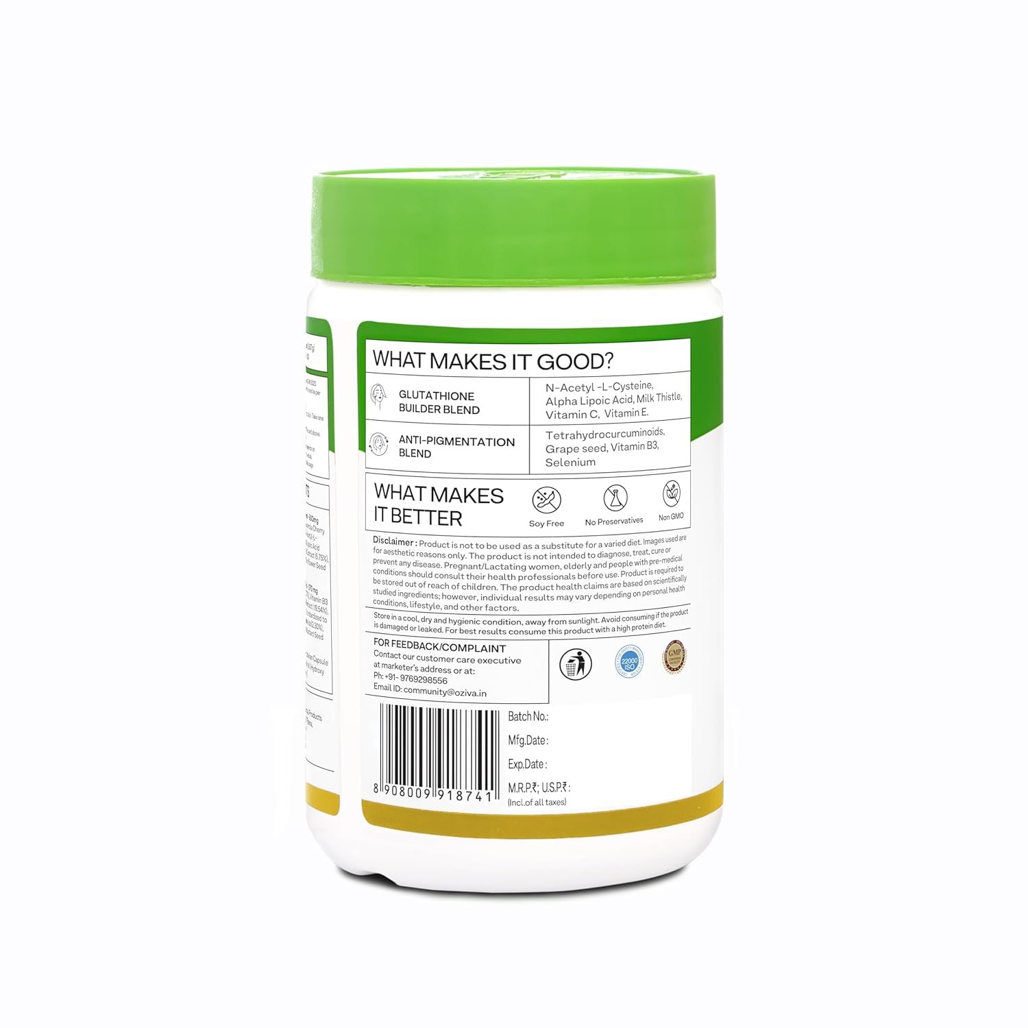 Picture of OZiva Plant Based Glutathione Builder | Glutathione Tablets for Skin Glow & Anti-Ageing | Sugar free, Antioxidant Glutathione supplements with Grapeseed, Vitamins C & E, Selenium, 60 Veg Capsules