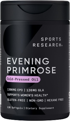 Picture of Sports Research Evening Primrose Supplement from Cold Pressed Oil - Softgels for Health & Skin Health - Gluten Free & Non-GMO GLA - High Potency 1300mg, 120 Count