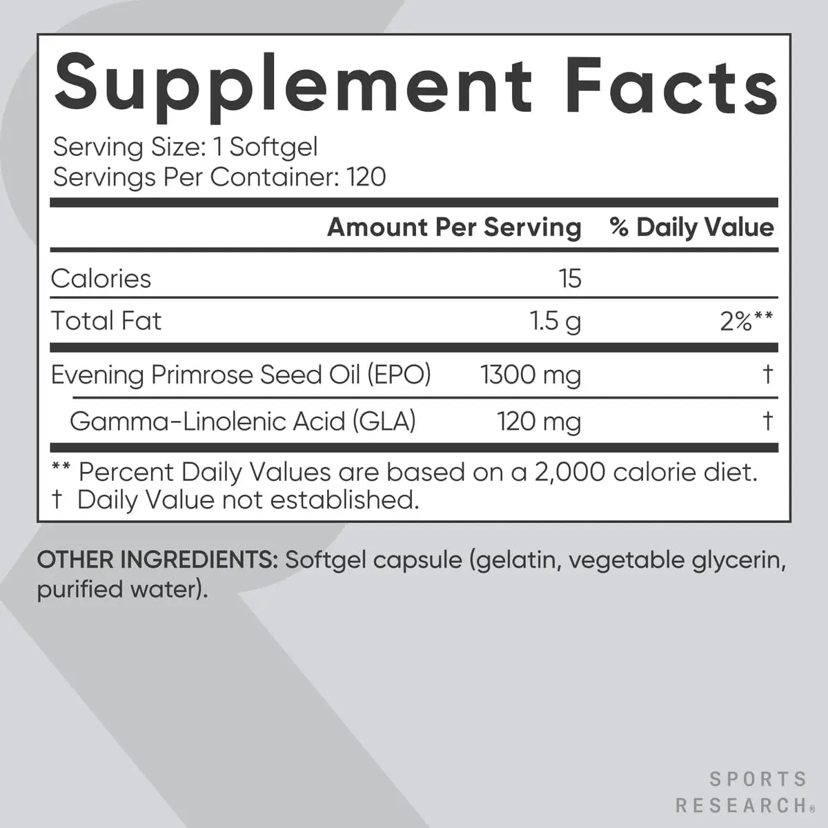 Picture of Sports Research Evening Primrose Supplement from Cold Pressed Oil - Softgels for Health & Skin Health - Gluten Free & Non-GMO GLA - High Potency 1300mg, 120 Count