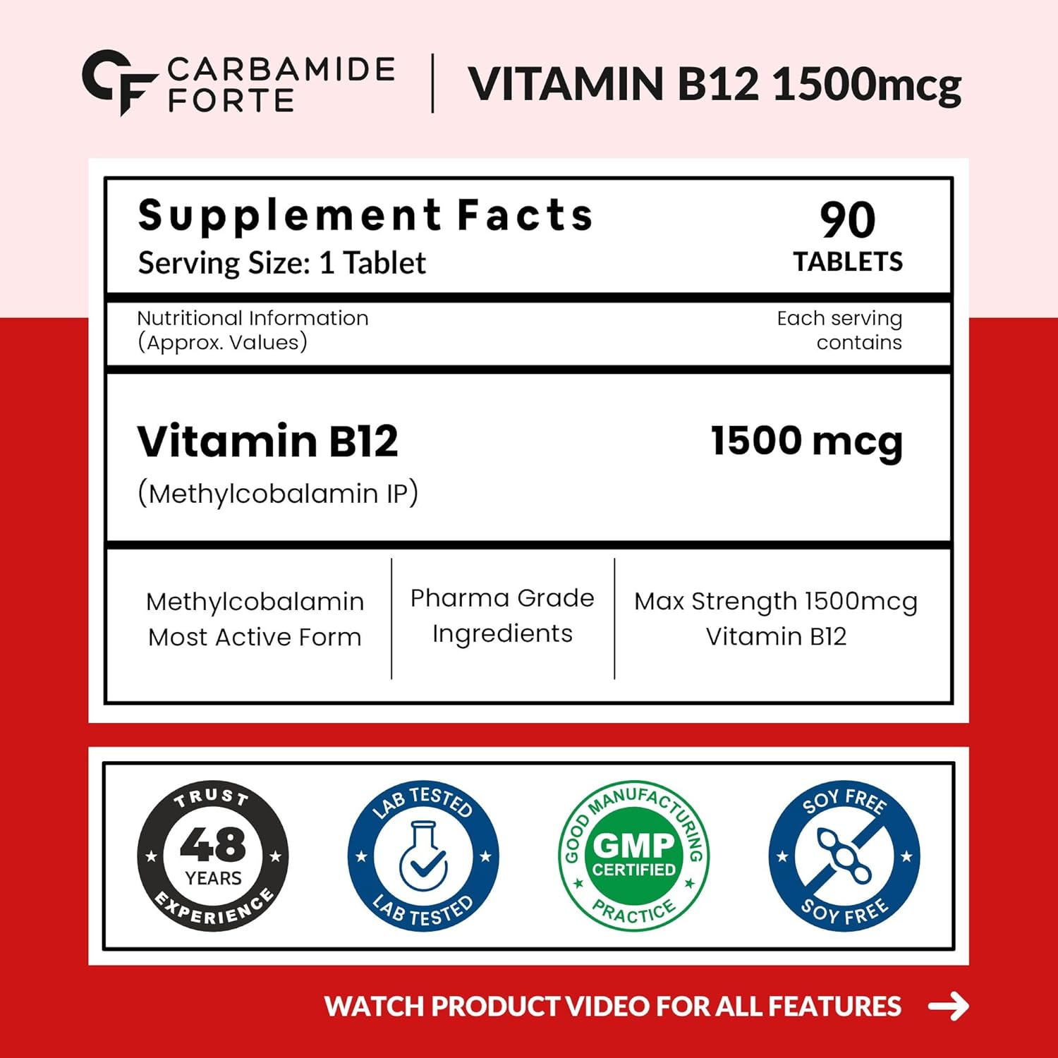 Picture of Carbamide Forte Vitamin B12 Tablets 1500 mcg -Active form of Methylcobalamin Vitamin B12 Supplements for Men & Women- 90 Veg Tablets