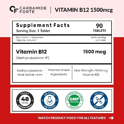 Picture of Carbamide Forte Vitamin B12 Tablets 1500 mcg -Active form of Methylcobalamin Vitamin B12 Supplements for Men & Women- 90 Veg Tablets