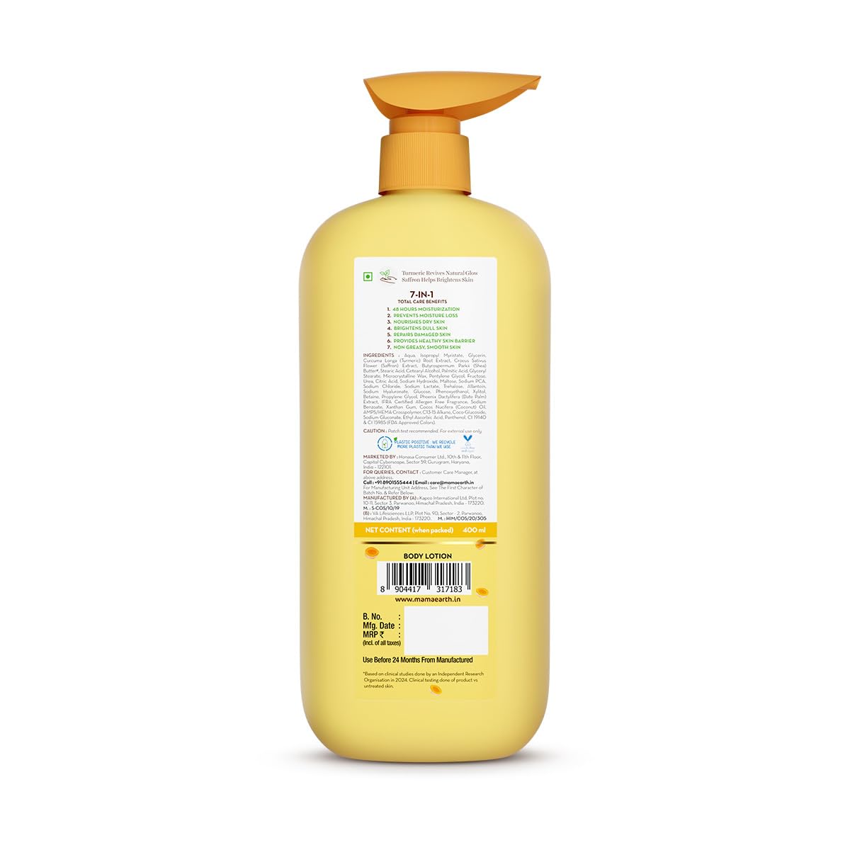 Picture of Mamaearth Ubtan Moisturizing Body Lotion with Turmeric & Saffron for Glowing Skin 400 ml | 48H Moisturization | Nourishes Dry Skin | 7in1 Total Care | 100% Natural Butter | Non-Greasy Smooth Skin