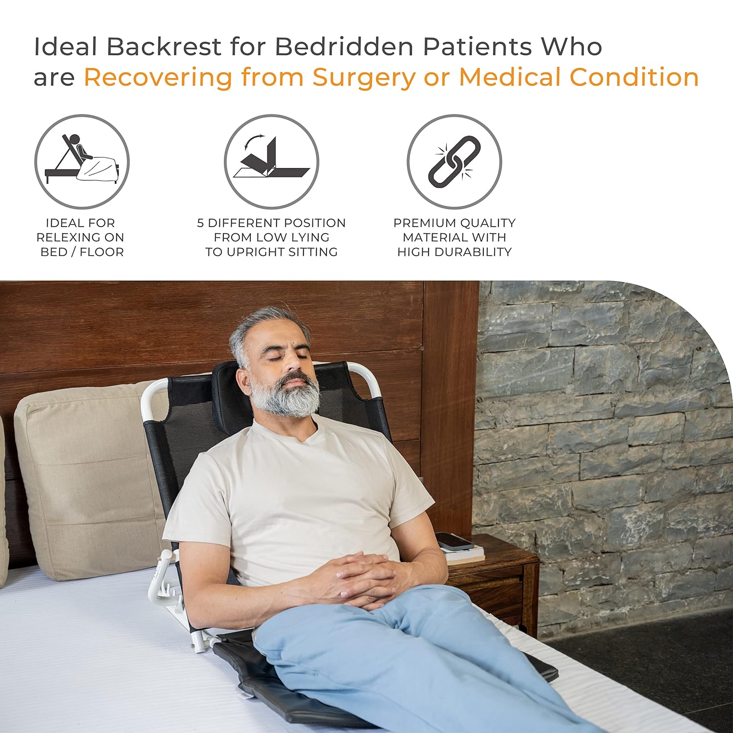 Picture of Adjustable Hospital Back Rest for Use on Bed, Back Support for Patient at Home, Multifunction, Large Size, 5 Changeable Recline Angles, Foldable & Portable (Pack of 1)