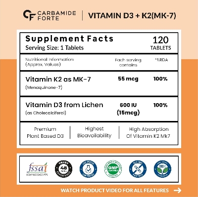 Picture of Carbamide Forte Vitamin D3 K2 | Vitamin D3 K2 Supplement for Bone & Heart Health | Vitamin D tablets with Vitamin K2 MK7 | Premium Vitamin D3 supplement with K2 for Wellness -120 Veg Tablets