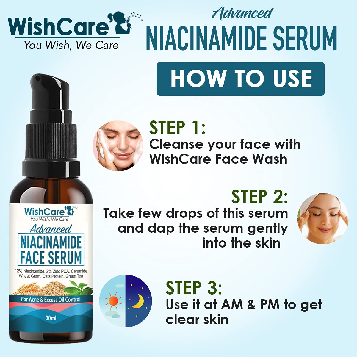 Picture of WishCare Advanced 12% Niacinamide Serum for Acne, Acne Marks, Blemishes & Oil Balancing with 2% Zinc, Ceramide Oats, Green Tea - 30ml