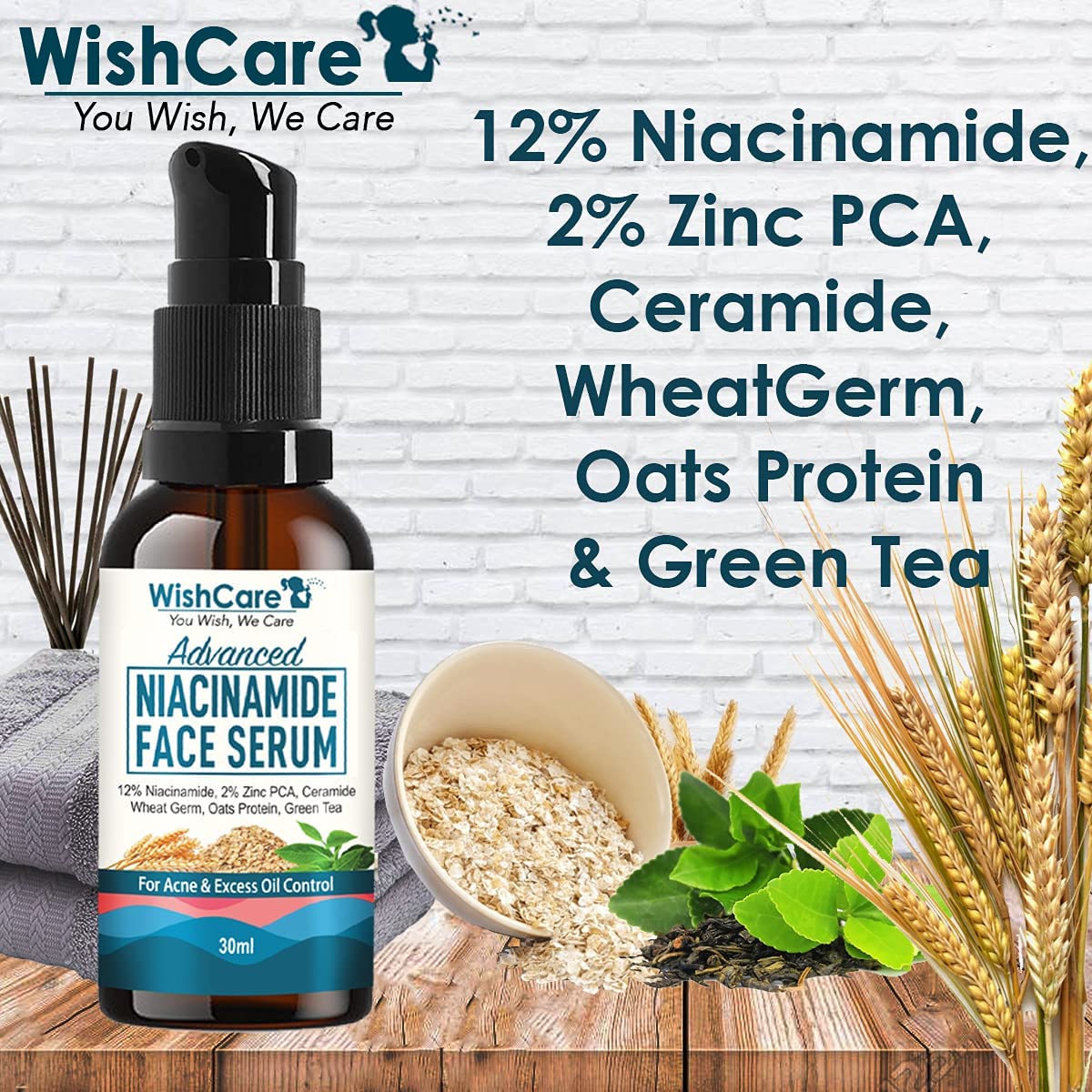 Picture of WishCare Advanced 12% Niacinamide Serum for Acne, Acne Marks, Blemishes & Oil Balancing with 2% Zinc, Ceramide Oats, Green Tea - 30ml