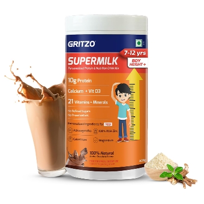 Picture of Gritzo SuperMilk Height+ (7-12y Boys), 10g Protein Powder (Double Chocolate, 400g) | Zero Refined Sugar, 21 Vitamins & Minerals