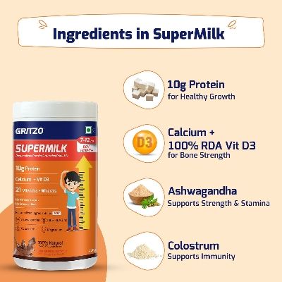 Picture of Gritzo SuperMilk Height+ (7-12y Boys), 10g Protein Powder (Double Chocolate, 400g) | Zero Refined Sugar, 21 Vitamins & Minerals
