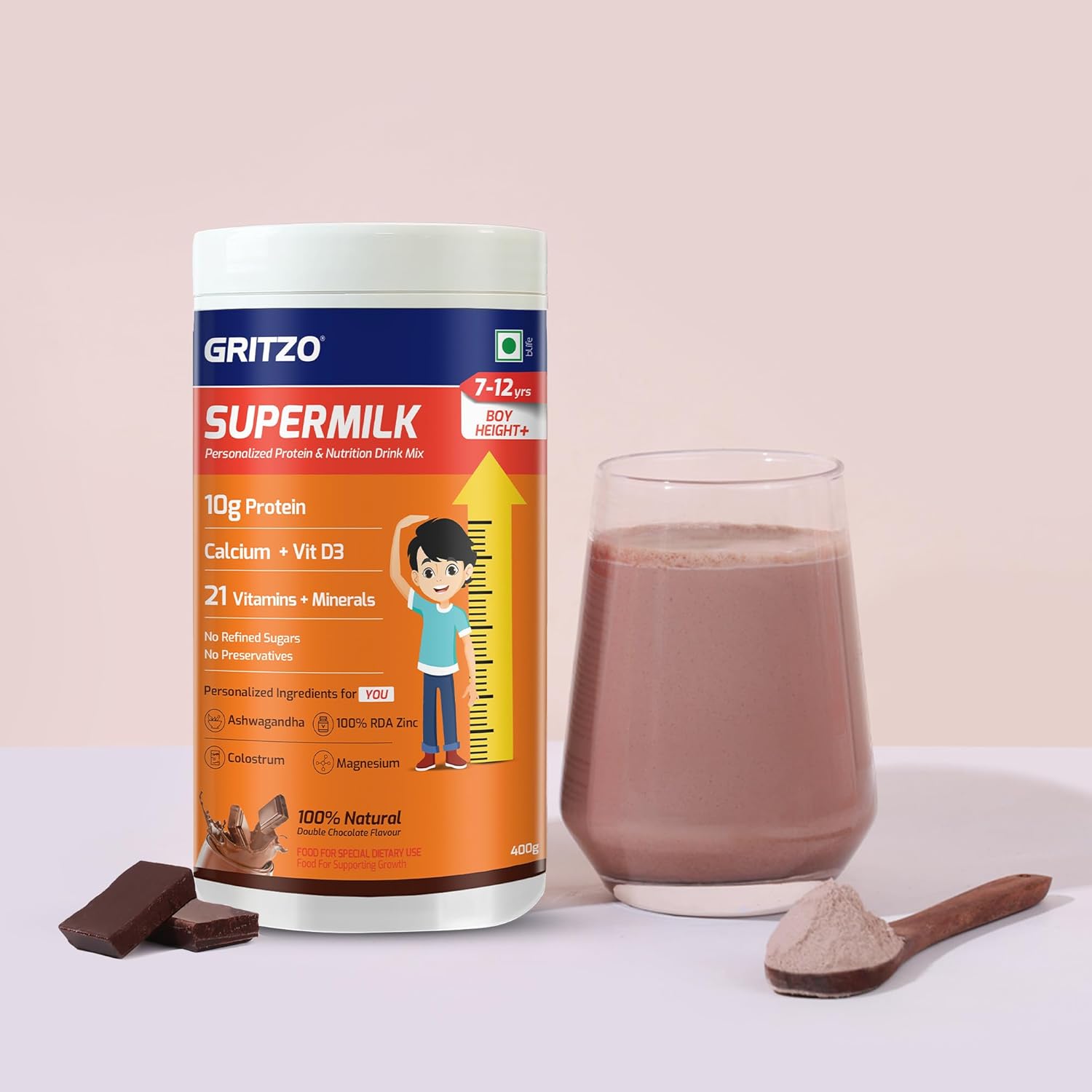 Picture of Gritzo SuperMilk Height+ (7-12y Boys), 10g Protein Powder (Double Chocolate, 400g) | Zero Refined Sugar, 21 Vitamins & Minerals